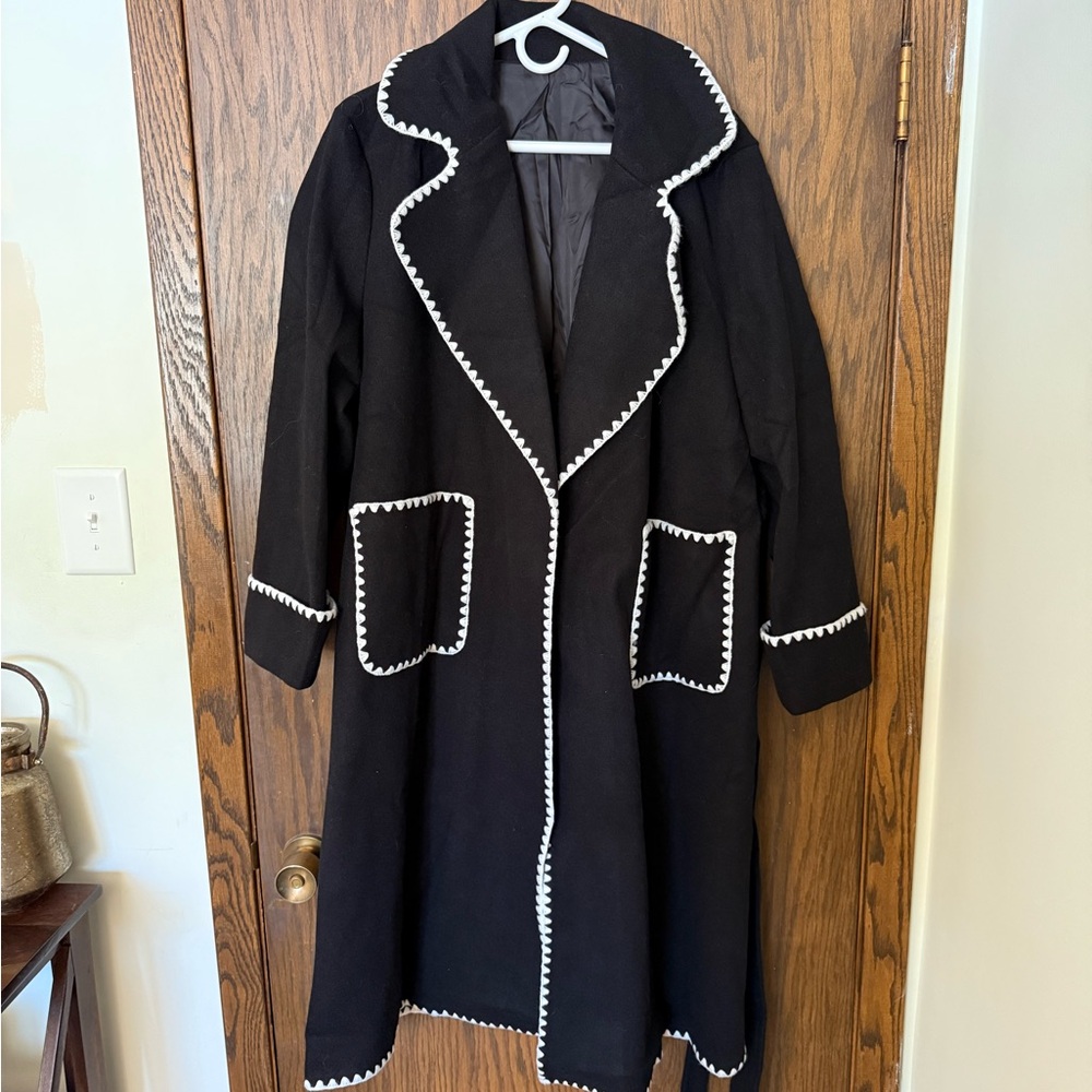 Long Peacoat Trench Coat Jacket White Embroidered Trim - Tie Belt and Pockets - Picture 7 of 10